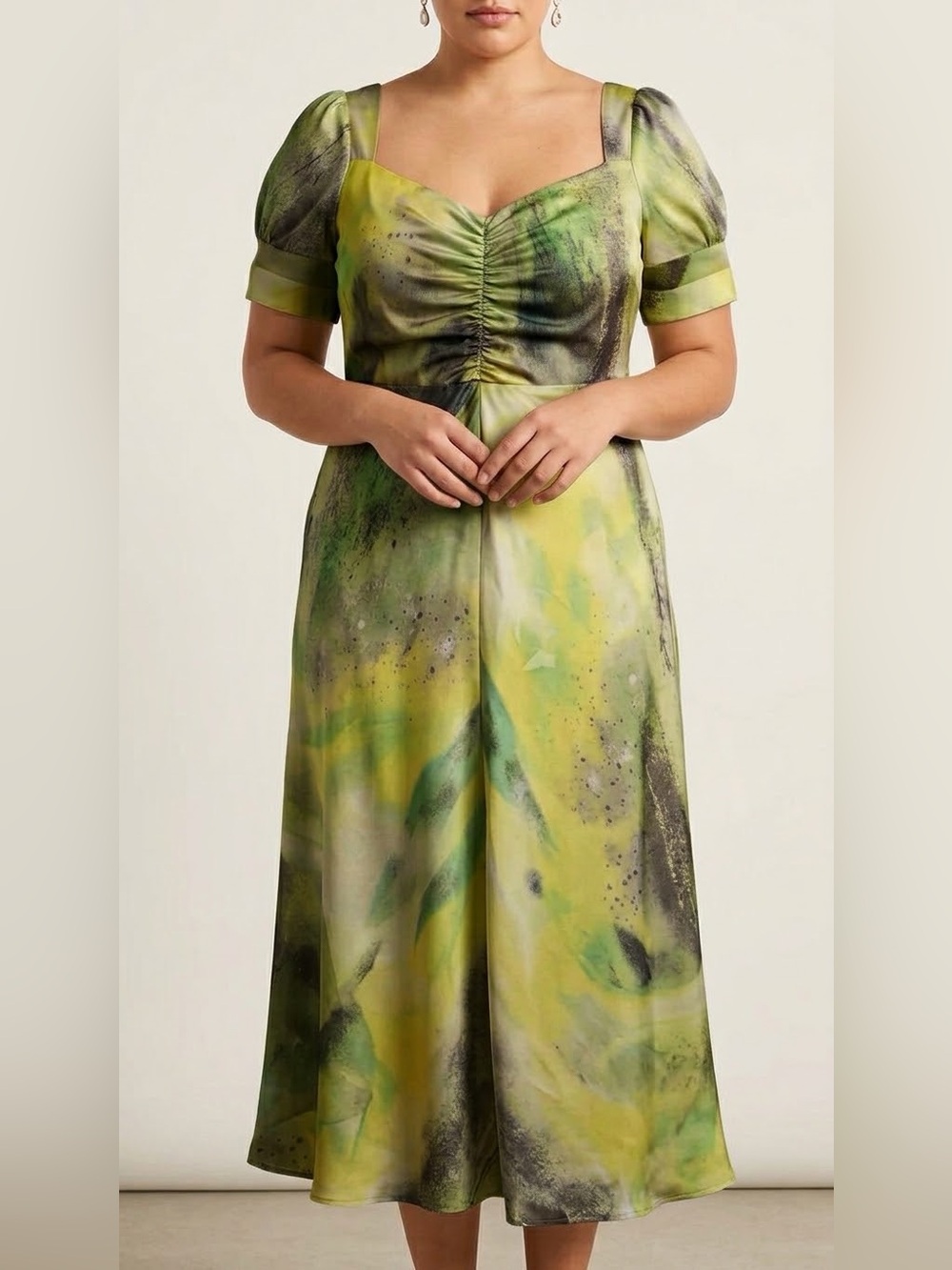 NWT DKNY Printed Satin V-Neck Ruched Bust Midi Dress Green Yellow Women M